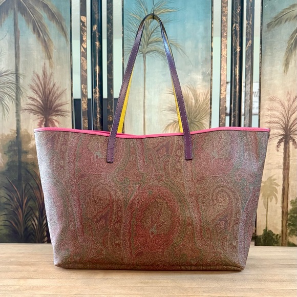 Etro Brown Paisley Multicolored Neon Leather Trimmed Tote Bag